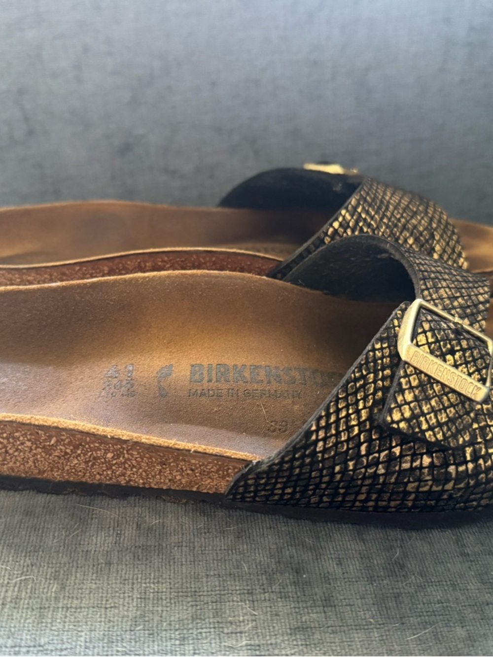 Birkenstock Slide in Black and Gold Snake Texture